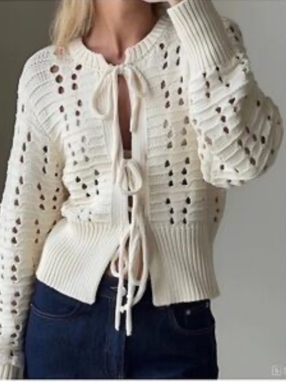 Jessica Simpson Cream Open-Knit Tie-Front Cardigan Size XS